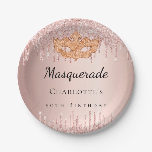 Masquerade Rose Gold Tropfen Geburtstagsparty Pappteller (Vorderseite)