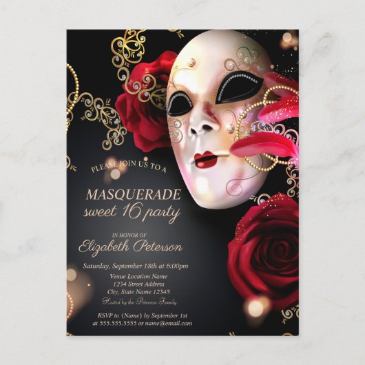 Masquerade Rote Rosen Sweet 16 Einladungspostkarte (Vorderseite)