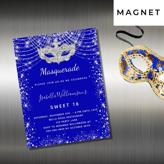 Masquerade Royal Blue Sweet 16 Einladungsmagnet Magnetkarte