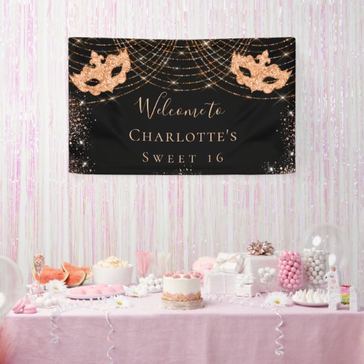 Masquerade schwarzer Glitzer Staub Sweet 16 Banner (Party)