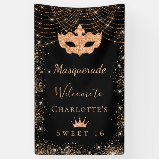 Masquerade schwarzer Glitzer Staub Sweet 16 Banner (Vertikal)