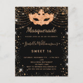 Masquerade schwarzer Glitzer Staub Sweet 16 Einladungspostkarte (Vorderseite)