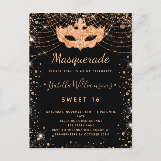 Masquerade schwarzer Glitzer Staub Sweet 16 Einladungspostkarte (Vorderseite)