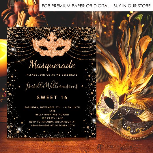 Masquerade schwarzer Glitzer Staub Sweet 16 Einladungspostkarte
