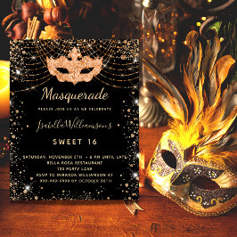 Masquerade schwarzes Gold Sweet 16 Haushaltseinlad Flyer
