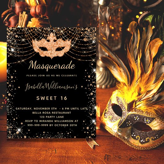 Masquerade schwarzes Gold Sweet 16 Haushaltseinlad Flyer