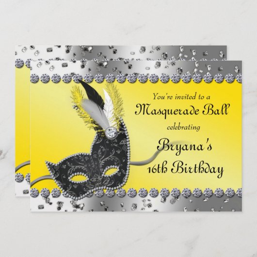 Masquerade Silber und Gelbe Party Einladung (Vorne/Hinten)