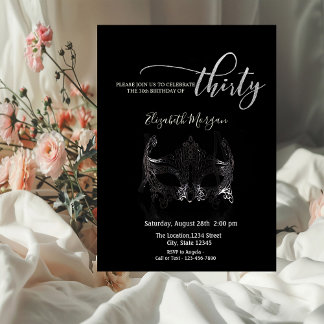 Masquerade, Silver Masque Schwarz 30. Geburtstag Einladung