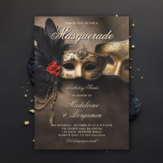 Masquerade Soiree Venezianische Masken Duo 50. Geb Einladung