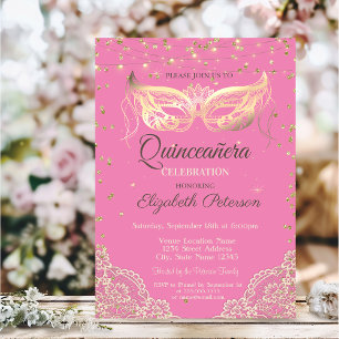 Masquerade, Spitzen, Diamanten Pink Quinceañera Einladung