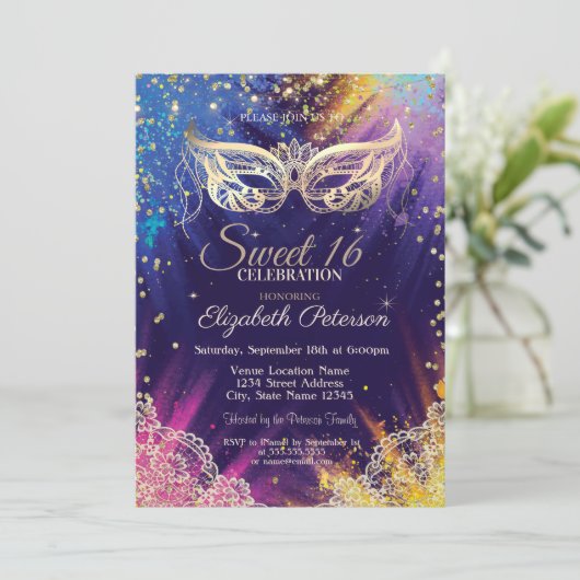 Masquerade, Spitzen, Paint Splash Sweet 16 Einladung (Stehend Vorderseite)