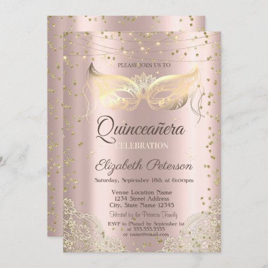 Masquerade, Spitzen Rose Gold Quinceañera Einladung (Vorne/Hinten)