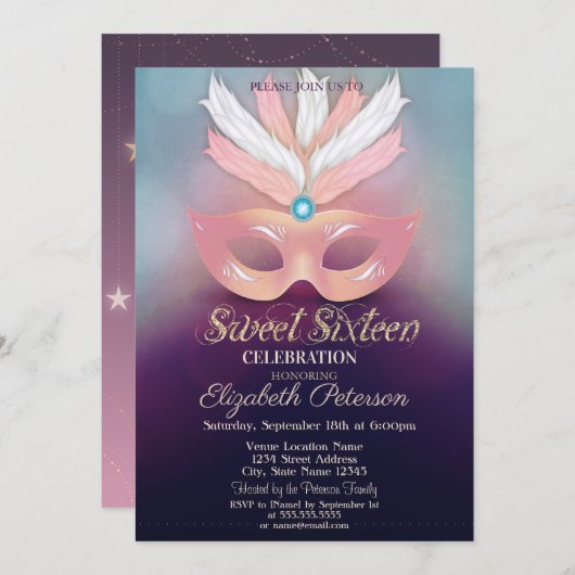 Masquerade, Sterne, Ombre Sweet 16 Einladung (Vorne/Hinten)