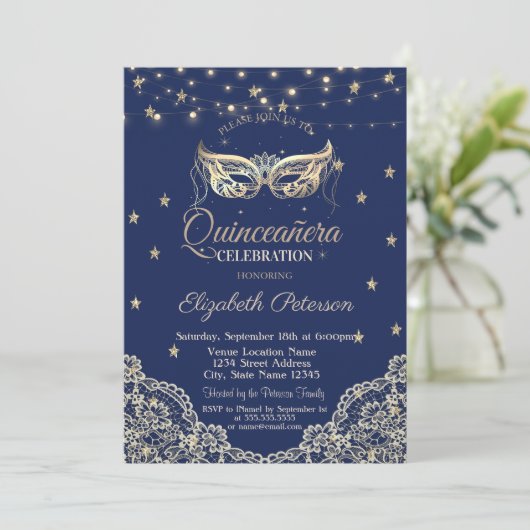 Masquerade, Streichlichter, Spitzen, Stars Quincea Einladung (Stehend Vorderseite)