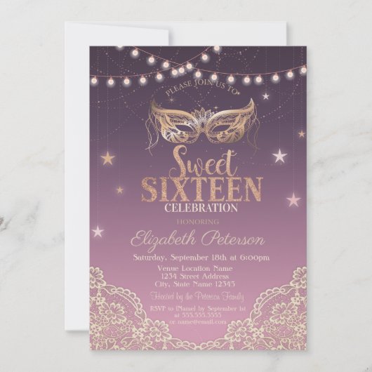 Masquerade, String Lights, Lace Sweet 16 Einladung (Vorderseite)