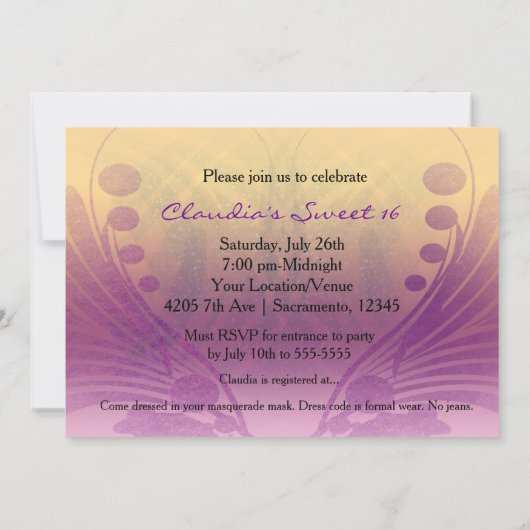 Masquerade Sweet 16 16 Party Maske Einladung (Rückseite)