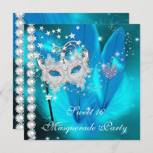Masquerade Sweet 16 Aquamarin Black Feather Mask 2 Einladung (Vorne/Hinten)