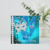 Masquerade Sweet 16 Aquamarin Black Feather Mask 2 Einladung (Stehend Vorderseite)