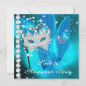 Masquerade Sweet 16 Aquamarin Black Feather Mask 2 Einladung (Vorderseite)