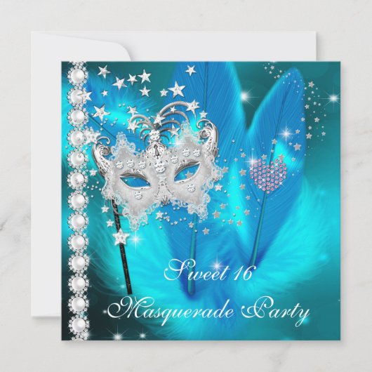 Masquerade Sweet 16 Aquamarin Black Feather Mask 2 Einladung (Vorderseite)