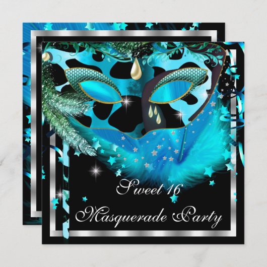 Masquerade Sweet 16 Aquamarin Black Feather Mask 3 Einladung (Vorne/Hinten)