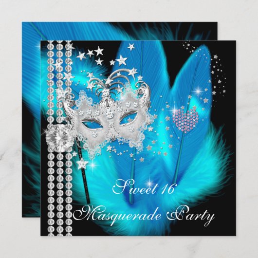 Masquerade Sweet 16 Aquamarin Black Feather Maske Einladung (Vorne/Hinten)
