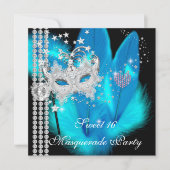 Masquerade Sweet 16 Aquamarin Black Feather Maske Einladung (Vorderseite)
