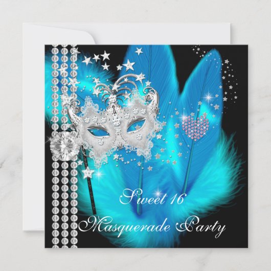 Masquerade Sweet 16 Aquamarin Black Feather Maske Einladung (Vorderseite)