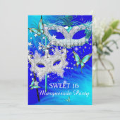 Masquerade Sweet 16 Aquamarin Blue Diamond Maske Einladung (Stehend Vorderseite)