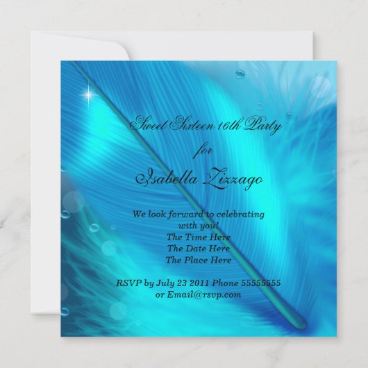 Masquerade Sweet 16 Aquamarin Blue Feather Mask 3 Einladung (Rückseite)