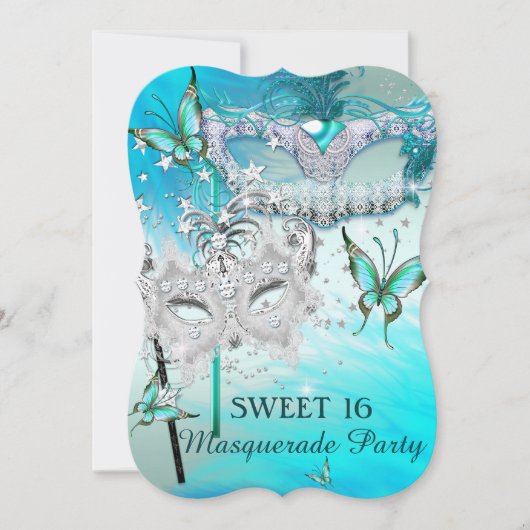 Masquerade Sweet 16 Aquamarin Mint Diamond Maske Einladung (Vorderseite)