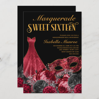 Masquerade Sweet 16 Black Red Gold 16. Geburtstag Einladung