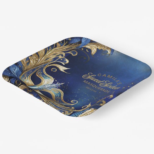 Masquerade Sweet 16 Blue Gold ID1032 Pappteller (Gewinkelt)