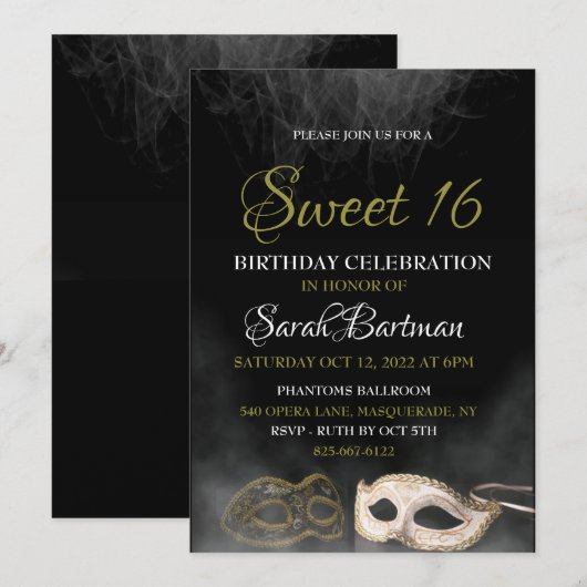 Masquerade Sweet 16 Einladung (Vorne/Hinten)
