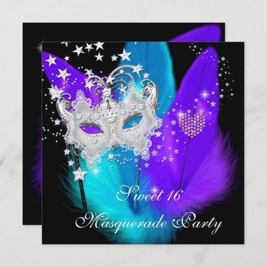 Masquerade Sweet 16 Lila Aquamarine Black Feather Einladung (Vorne/Hinten)