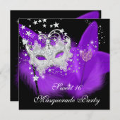 Masquerade Sweet 16 Lila Black Feather Maske Einladung (Vorne/Hinten)