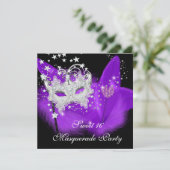 Masquerade Sweet 16 Lila Black Feather Maske Einladung (Stehend Vorderseite)