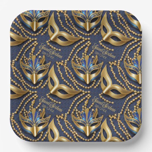 Masquerade Sweet 16 Perlen Masken Blue ID1032 Pappteller (Vorderseite)