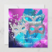 Masquerade Sweet 16 Rosa Lila Aquamarine Maske Einladung (Vorderseite)