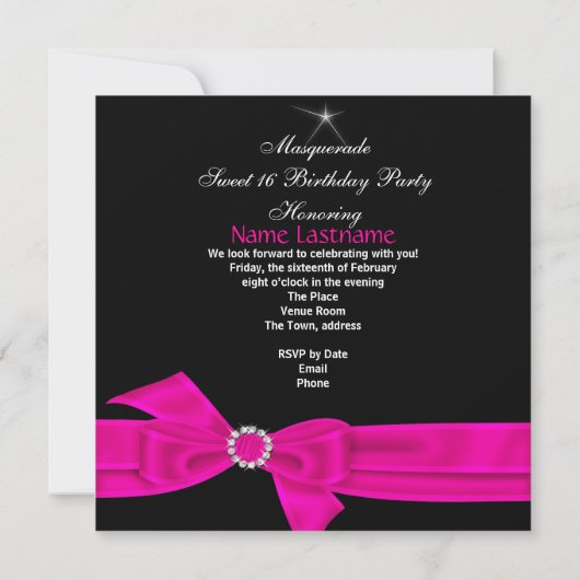 Masquerade Sweet 16 Sechzehn Hot-Pink-Maske Party Einladung (Rückseite)
