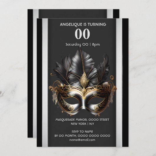 Masquerade Thema Karneval schwarze Silber Feder ma Einladung (Vorne/Hinten)