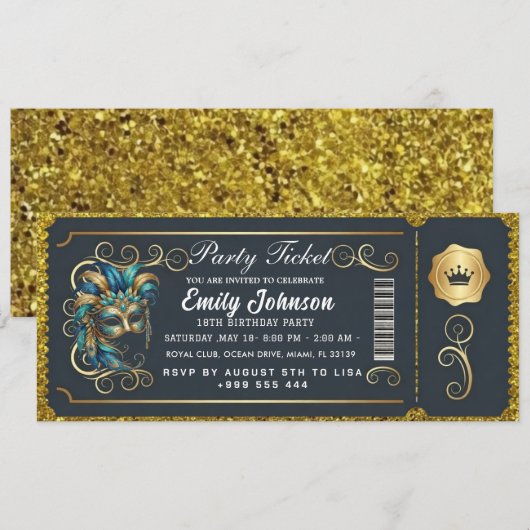 Masquerade Ticket Birthday Invitation Teal Gold Einladung (Vorne/Hinten)