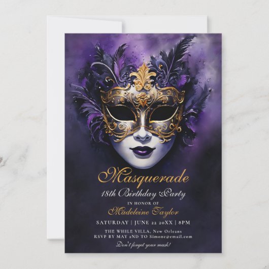 Masquerade Venezianisch Mask Gold Lila 18. Geburts Einladung (Vorderseite)