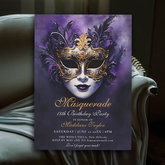 Masquerade Venezianisch Mask Gold Lila 18. Geburts Einladung