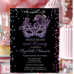 Masquerade Violet Diamonds, Masque Sweet 16 Einladungspostkarte