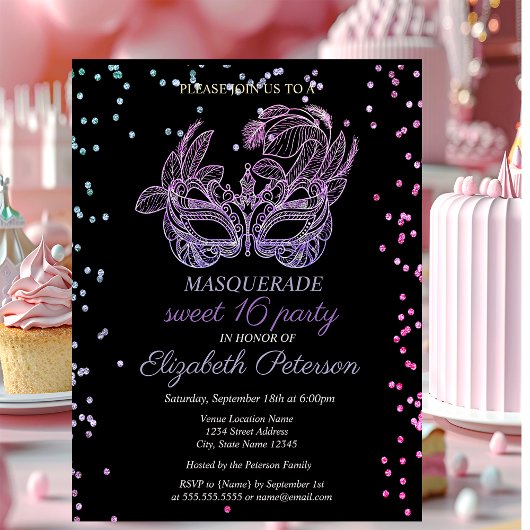 Masquerade Violet Diamonds, Masque Sweet 16 Einladungspostkarte