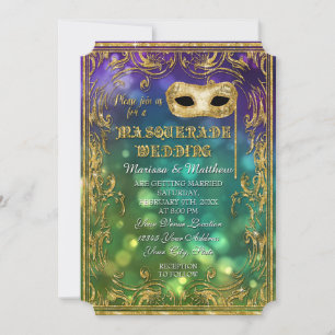 Masquerade Wedding Antique Vintag Mask Bokeh Gold Einladung