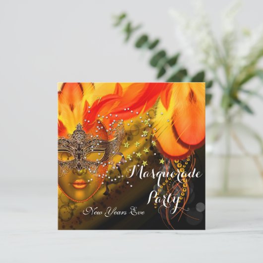 Masquerall Party Gold Orange Yellow Masken Einladung (Stehend Vorderseite)