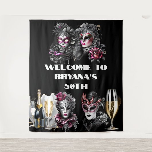 Masquerball Geburtstag rosa schwarzen silbernen Ma Wandteppich (Vorderseite)