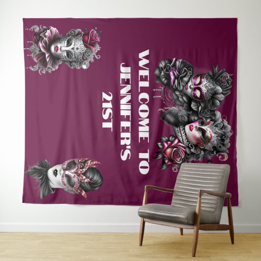 Masquerball rosa schwarze silberne Masken fuchsia Wandteppich (Beispiel (Horizontal))